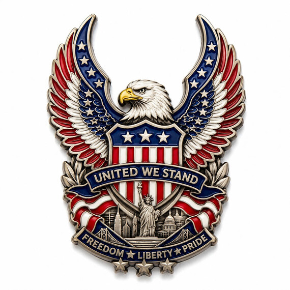 Custom eagle shaped challenge coin with patriotic red, white and blue enamel and raised American landmark details