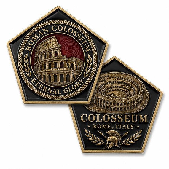 Custom Pentagon Challenge Coins Featuring the Roman Colosseum with Antique Gold Finish