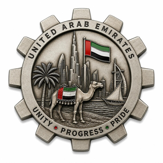 Custom gear shaped challenge coin featuring UAE landmarks, camel motif and antique silver metal finish