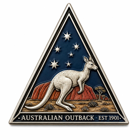 Custom triangular challenge coin with Australian kangaroo, outback landscape and colored enamel accents