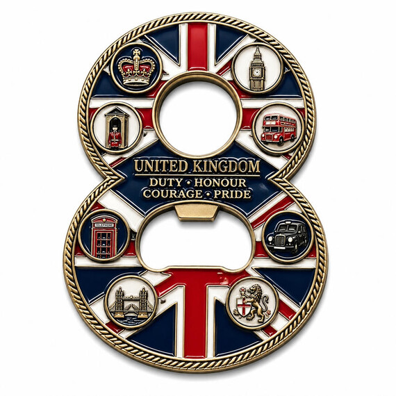 Custom figure eight challenge coin with United Kingdom icons, Union Jack enamel and gold rope edge