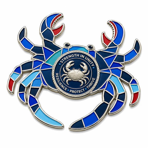 Custom crab shaped challenge coin with blue soft enamel, segmented metal outlines and central unity emblem