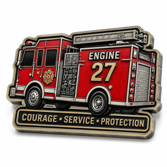 Custom fire truck shaped challenge coin with red enamel, antique metal finish and raised emergency service details
