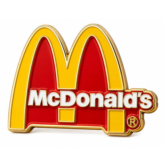 Custom logo shaped challenge coin with McDonald’s Golden Arches, red and yellow enamel and polished gold plating
