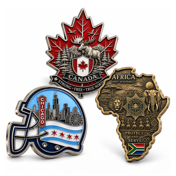 Custom Shaped Challenge Coins - Custom Zinc Alloy Shaped Challenge Coins with Enamel and Antique Metal Finishes