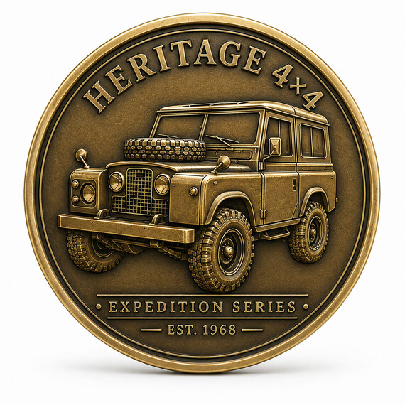 Antique gold custom souvenir coin featuring a vintage off-road vehicle in raised metal relief