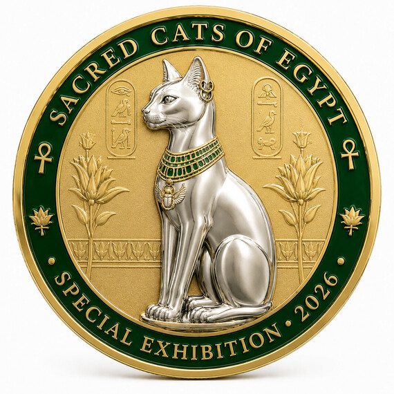 Dual-plated custom souvenir coin with a silver Egyptian cat, gold background and green enamel accents