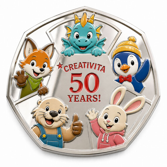Custom shaped souvenir coin with colorful uv printing mascot characters and a 50th anniversary design