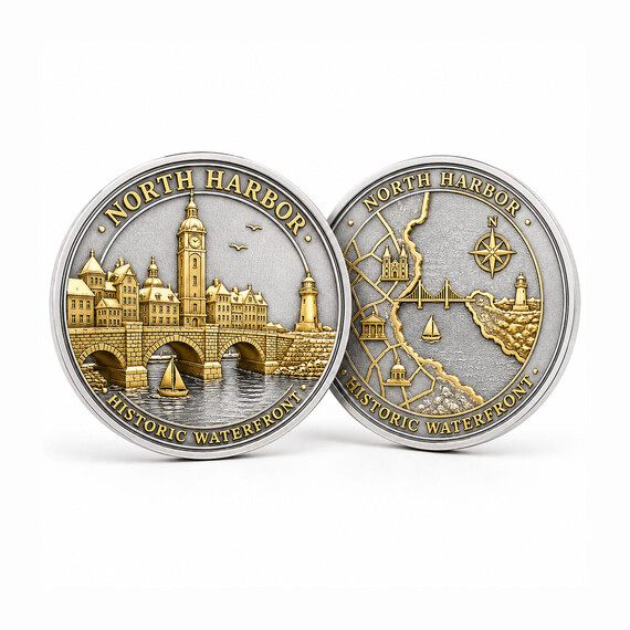 Gold and silver plating combined to emphasize landmarks, maps and relief details.