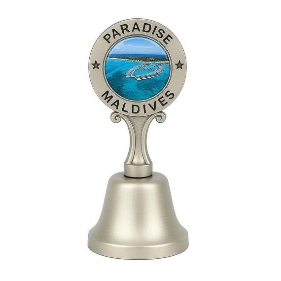 Bespoke Souvenir Hand Bell Custom Printed Logo Metal Handbell Antique Silver Plated Maldives Paradise Tourist Attraction Gifts