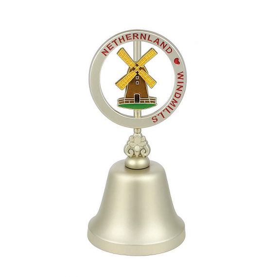 Custom Silver Plated Souvenir Bell with Spinning Netherland Windmills for European Travel Memorabilia