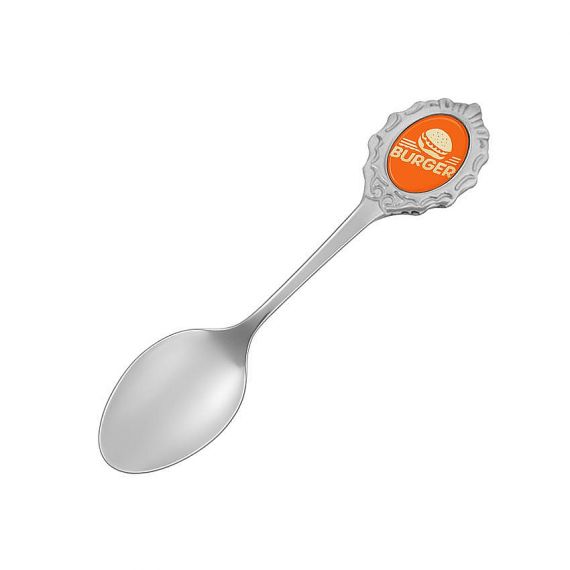 Bespoke metal coffee spoon with orange "Burger" logo and decorative ornate handle, custom promotional gift for food chains and catering.