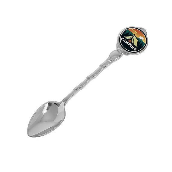 Personalized souvenir spoon featuring a "Camping" outdoor theme logo, custom travel collectibles and camping equipment promotional merchandise.
