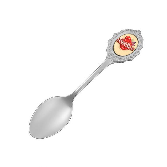 Vintage style custom metal souvenir spoon with "Steak House" printed logo, high-quality bespoke flatware for corporate branding.