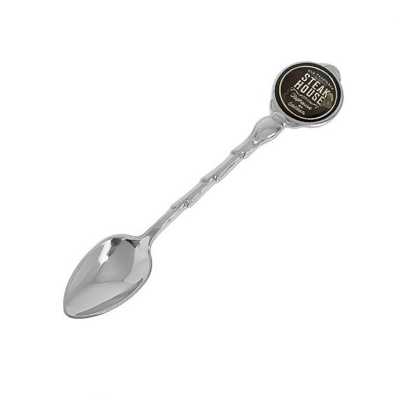 Luxury custom silver souvenir spoon with black "Steak House" logo, personalized high-end table accessories and souvenir shop supply.