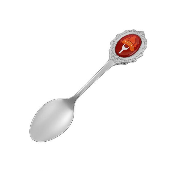 Customized metal teaspoon with red chili logo and ornate scroll handle, bespoke promotional items for spicy food brands and events.
