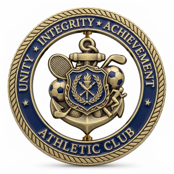 Custom sports club spinner challenge coin with rotating emblem and antique gold finish