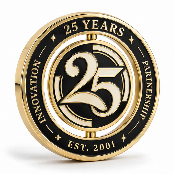 Custom spinner challenge coin with rotating 25th anniversary centerpiece and black enamel