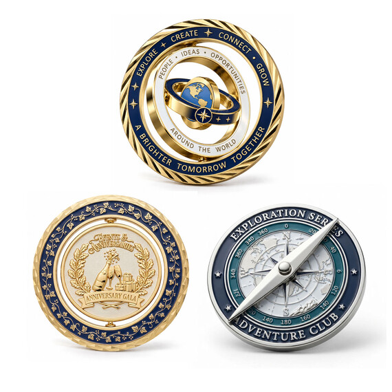 Custom Spinner Challenge Coins - Custom spinner challenge coins with rotating center mechanisms and enamel finishes.