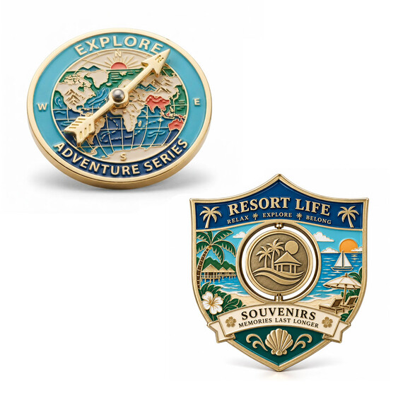 Custom spinning souvenir coins with compass spinner, custom shapes, and resort-themed designs.