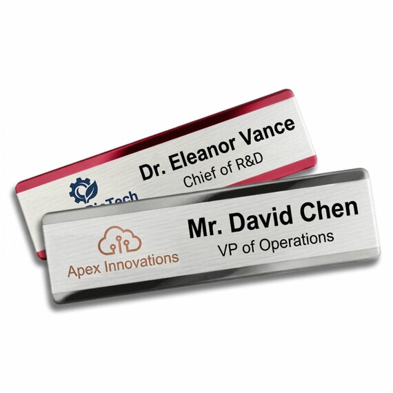 Stainless Steel Metal Name Tags - Custom-made stainless steel name badges featuring a contrast between polished mirror edges and brushed metal centers for a 3D effect.