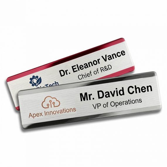 Stainless Steel Metal Name Tags - Custom-made stainless steel name badges featuring a contrast between polished mirror edges and brushed metal centers for a 3D effect.