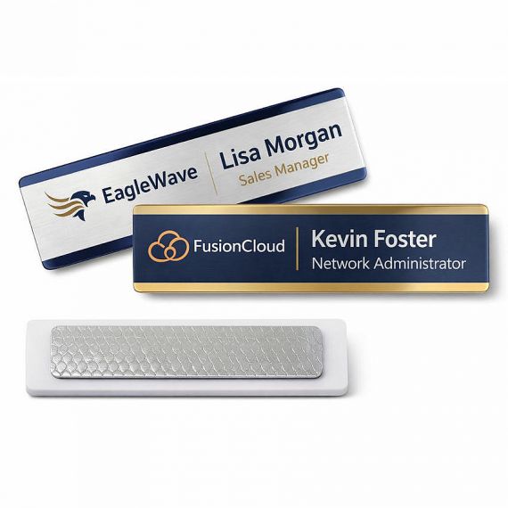 Professional stainless steel ID badges for IT and sales managers; brushed metal finish with clean logo engraving, Vietnam factory direct.