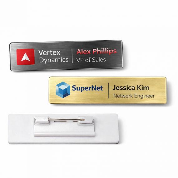 Back view of a heavy-duty stainless steel name badge with a secure safety pin attachment; industrial-strength metal ID tags for engineering staff.