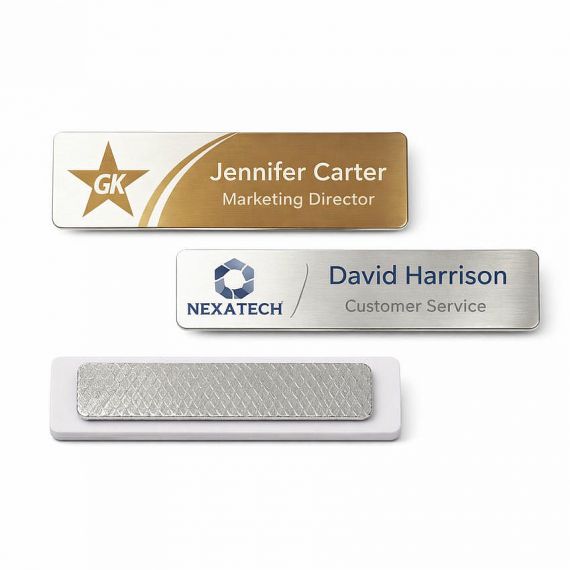 Brushed stainless steel name tags for marketing and customer service departments; high-durability metal badges for retail and office teams.
