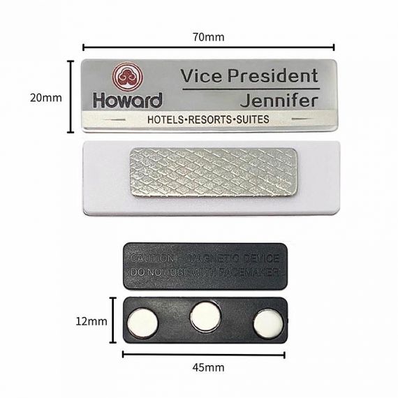 Custom stainless steel hotel name tag with a 3-magnet bar featuring a "Magnetic Device" caution label; clothing-friendly ID tags for resorts.