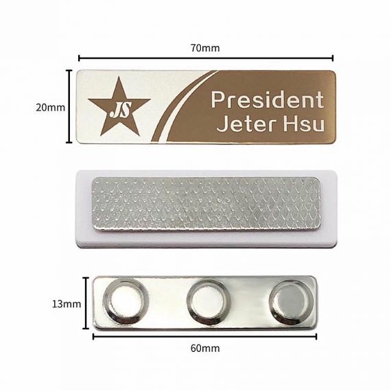 Standard 70x20mm custom stainless steel name tag with 60mm magnetic backing; durable metal ID solution from our Vietnam factory.