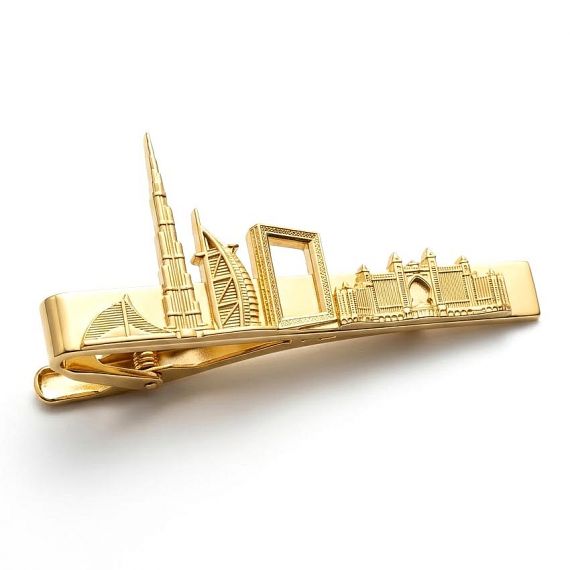 Premium Gold Plated Custom Tie Bar with 3D Die-Cast Dubai Skyline Landmark Design
