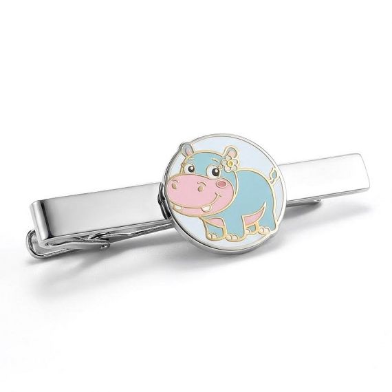 Personalized Silver Tie Bar with Custom Cartoon Hippo Soft Enamel Logo for Kids and Fun Events