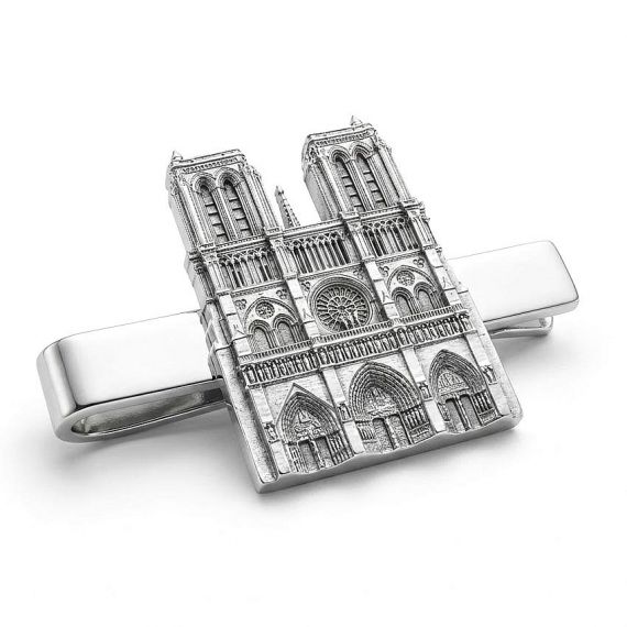 Bespoke Die-Cast Silver Tie Clip with High-Detail 3D Notre Dame Cathedral Landmark Attachment