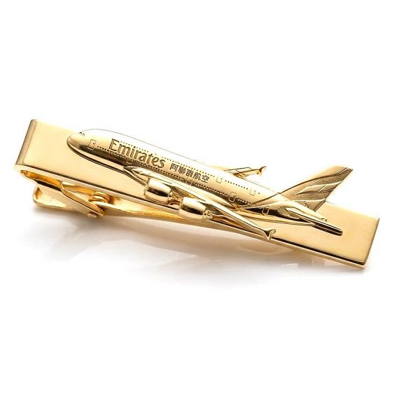 High-Quality Custom Gold Airplane Tie Bar featuring Emirates Airlines Logo and 3D Aircraft Shape