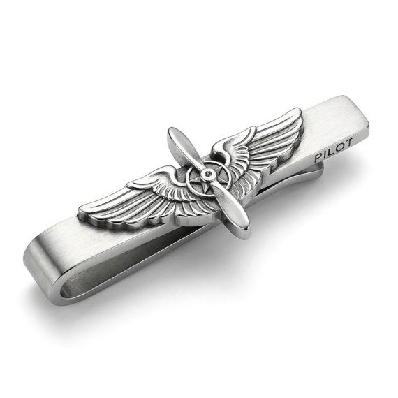 Personalized Antique Silver Pilot Tie Clip with 3D Propeller Wings and Custom Engraving