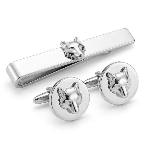 Bespoke 3D Wolf Head Silver Tie Bar and Matching Cufflinks Set for Corporate Identity Branding