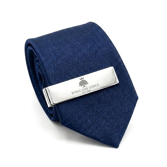 Custom Stainless Steel Tie Bar with Laser Engraved Royal Oak Lodge Corporate Branding