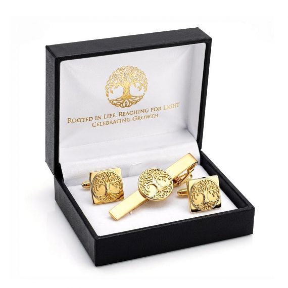 Custom 24K Gold Plated Tie Bar and Cufflinks Gift Set with 3D Tree of Life Emblem