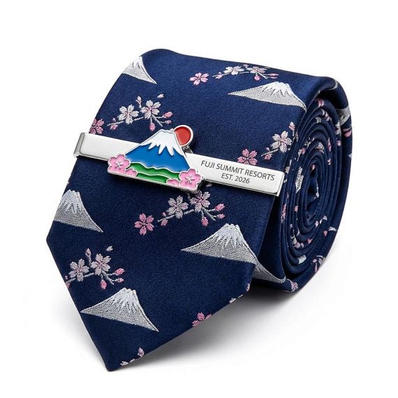 Customized Enamel Mount Fuji Tie Bar with Colorful Sakura Blossoms and Resort Branding