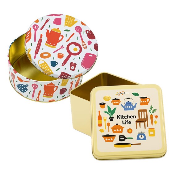 Custom Tin Boxes & Cans - Custom round and square tin boxes and cans with colorful kitchen utensil patterns, premium decorative metal storage containers for cookies and snacks.