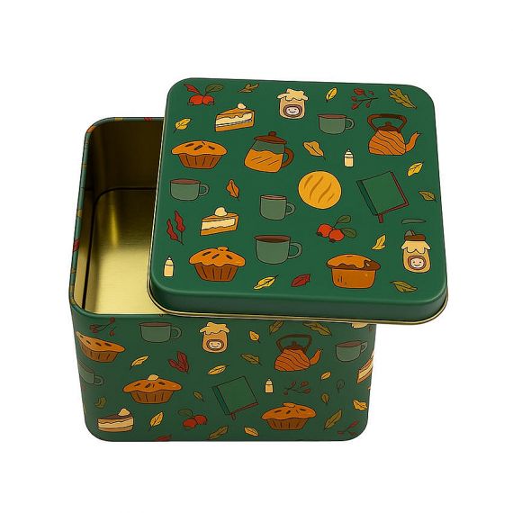 Deep green square custom tin box with autumn tea and cake illustrations, high-end decorative metal gift box with removable lid.