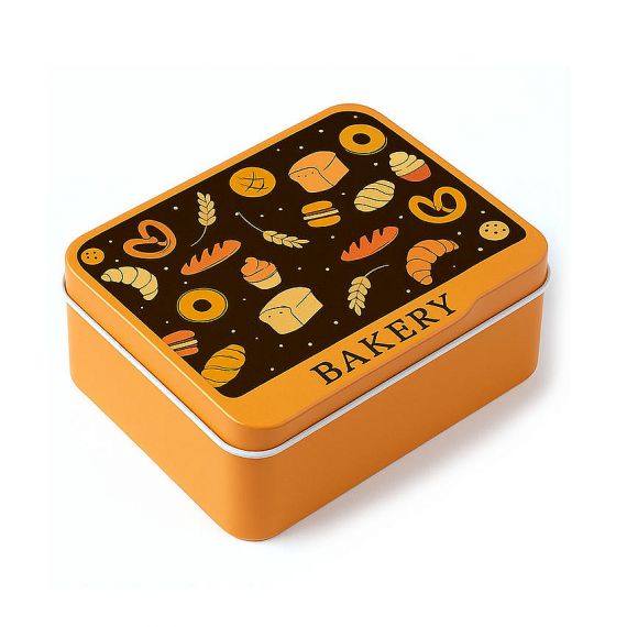 Premium orange rectangular custom bakery tin with dark brown lid and bread patterns, luxury metal bread box supplier.