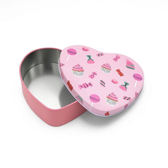 Customized pink heart metal tin with dessert and candy illustration, high-quality small hinged tin box for chocolates and jewelry.