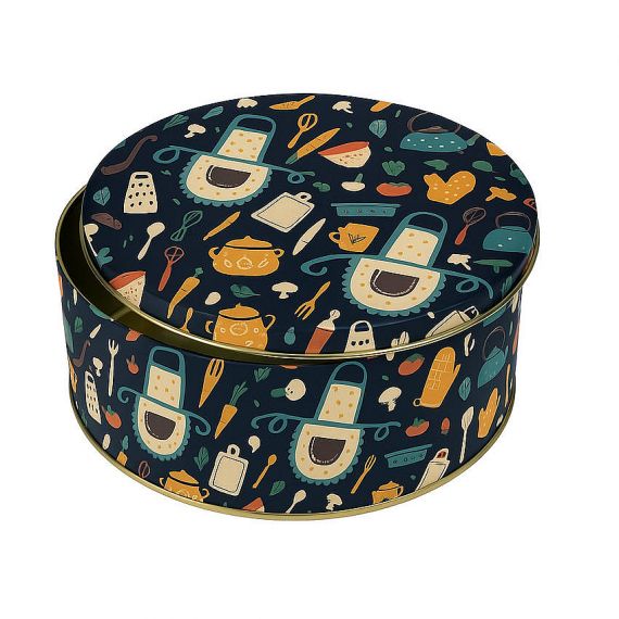 Large round custom printed tin box with dark blue kitchen apron pattern, durable airtight metal biscuit tin for wholesale.