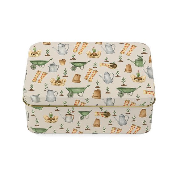 Rectangular custom gardening theme tin box with watercolor tool illustrations, bespoke metal storage case for seeds and small accessories.