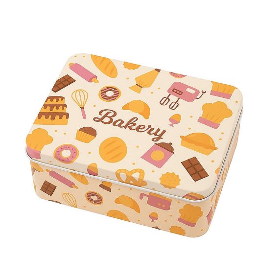 Custom rectangular bakery tin box with cream background and pastry icons, food-grade personalized cookie tin for professional bakeries.