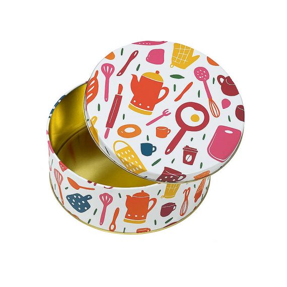 Round custom tinplate storage box with vibrant red and yellow kitchenware print, decorative metal canister for coffee and tea.