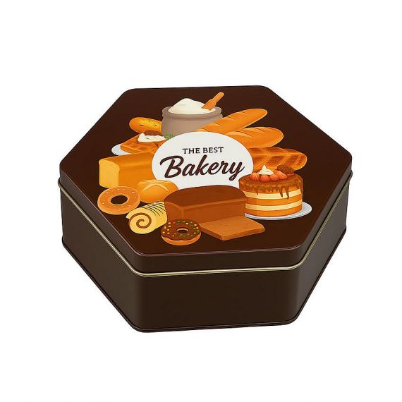 Custom hexagonal brown metal tin box with "The Best Bakery" logo and bread illustrations, personalized food-grade cookie and cake gift tin packaging factory.