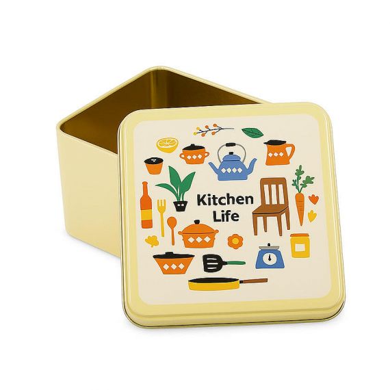 Square custom metal tin container with "Kitchen Life" logo and minimalist utensil design, professional OEM tin box packaging factory.
